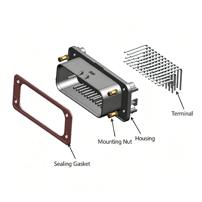 Exploded view of HRB M4021R series right angle PCB board waterproof connector В разобранном виде прямоугольный водонепроницаемый разъем для печатной платы серии HRB M4021R