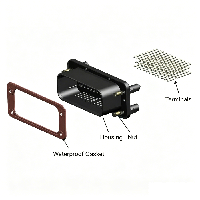 Exploded view of HRB M4021 series vertical PCB board waterproof connector Водонепроницаемый разъем вертикальной печатной платы серии HRB M4021 в разобранном виде