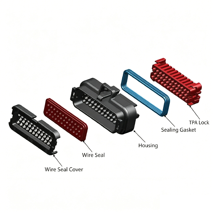 Exploded view of HRB M4022 series IP69K receptacle waterproof connector Водонепроницаемый разъем розетки IP69K серии HRB M4022 в разобранном виде